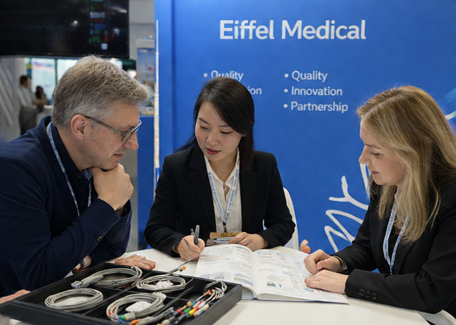 1784469326342532.jpg Eiffel Medical discussing medical device solutions with international customers at a trade show.jpg